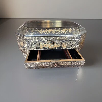 Antique Chinese Export Lacquer Work Box w/ Drawer & Key, C 1850 - Image 1 of 4