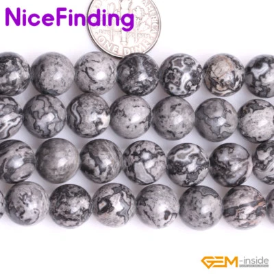 Cuentas de piedras preciosas de ágata de encaje loco gris natural para hacer joyas hilo 15" NF Foto 1 de 4
