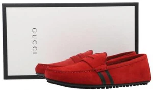 NEW GUCCI RED SUEDE LEATHER WEB DETAIL MOCCASIN LOAFERS SHOES 5.5 /US 6 - Picture 1 of 8