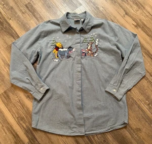 VTG Disney Store Shirt Winnie the Pooh Denim Women’s Medium Xmas Snow Button Up - Picture 1 of 7