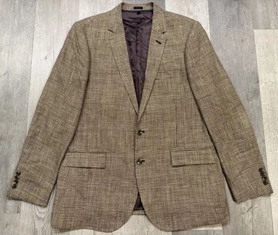 J Crew Men’s Beige/Brown Houndstooth Plaid Silk/Linen Blazer - Size 44L - Image 1 of 4