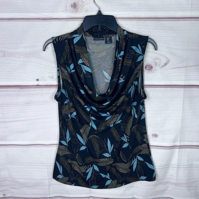 Blusa Tahari Top Mujer Mediana Negra Floral Cuello Capucha Sin Mangas Tejido Pullover Foto 1 de 4