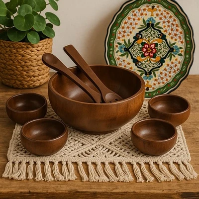 Juego de ensaladeras de madera para el hogar 7 piezas tazón grande de 11", 4 tazones pequeños + 2 servidores Foto 1 de 4