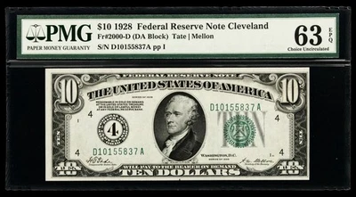 1928 $10 Federal Reserve Note Cleveland Numeric 4 PMG 63 EPQ Serial# D10155837A - Image 1 of 2