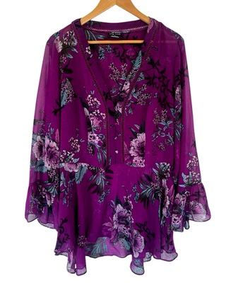 City Chic Blouse Size XL  Purple Floral Sheer Long Flutter Sleeves Ladder Lace - Image 1 of 4