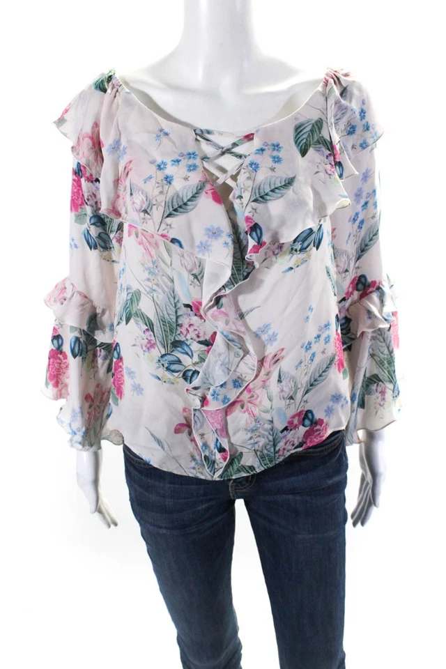 Blusa Top Parker Mujer Fuera del Hombro Manga Larga Floral Volantes Rosa Azul XS Foto 1 de 4