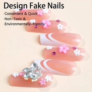 White French Tips with Butterfly Rhinestone Long Square False Nail Pink Flower - Picture 1 of 7