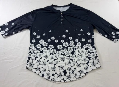 mujer top talla XL negro/blanco floral cuello redondo manga larga jersey poliéster Foto 1 de 4