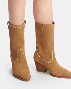 Coach Women's Tan Suede Pheobe Studded Western Booties Shoe Size 11B NEW $265 - Picture 1 of 6