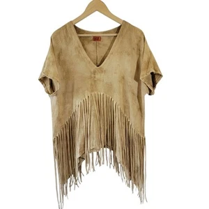 OH MY GAUZE hellbraun V-Ausschnitt Fransen Kurzarm Gaze Kimono Top Gr. 2/L-XL Old Money - Bild 1 von 11