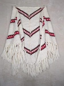 Großes Vintage gehäkeltes Quastenschal creme und rot - Bild 1 von 9