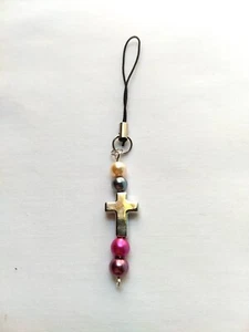 Cross Purple Beaded Phone Charm Dangle Lanyard Hanging Pendant Car Mirror Decor - Zdjęcie 1 z 4