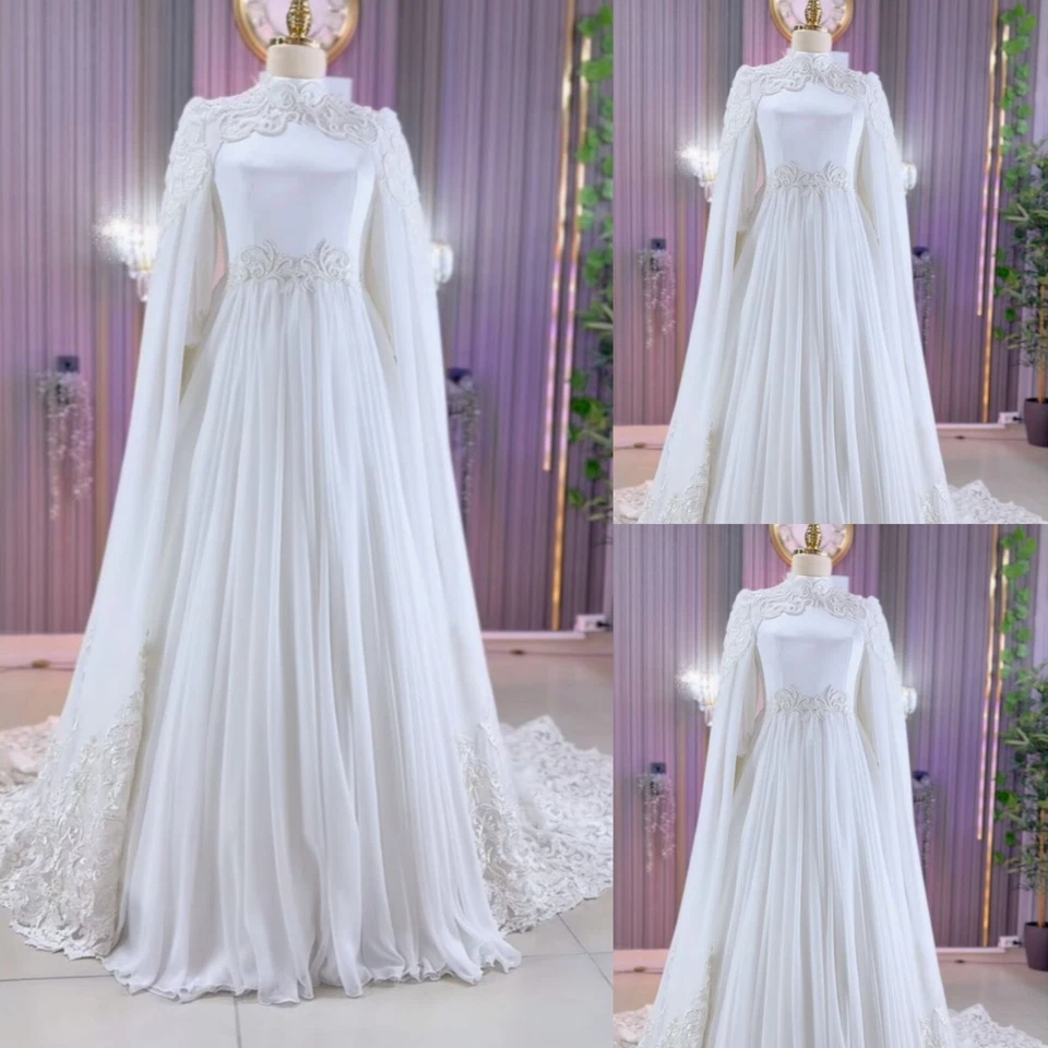 Muslim Wedding Dresses Chiffon with Cape Long Sleeves High Neck Lace Bridal Gown - Image 1 of 4
