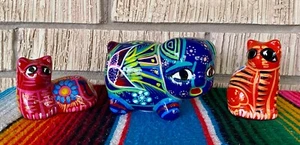 3 MEXICAN TALAVERA PIG POTTERY FLOWER CERAMIC PIGGY BANK CAT KITTY FIGURINE #1 - Picture 1 of 13