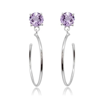 Sterling Silver 5mm Amethyst Dangling Half Hoop Stud Earrings - Image 1 of 3