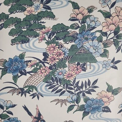Wallpaper Oriental Scenic Asian floral Pagoda Birds Green Pink Blue Remnant 25'  - Image 1 of 4