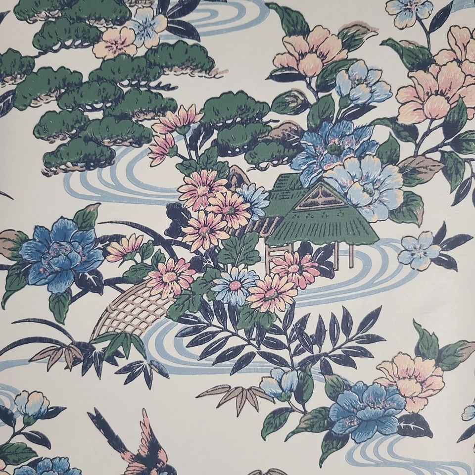 Wallpaper Oriental Scenic Asian floral Pagoda Birds Green Pink Blue Remnant 25'  - Image 1 of 4