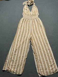 NWOT American Eagle Halter Stripe Wide Long Leg Romper Tan/White Size M - Picture 1 of 6