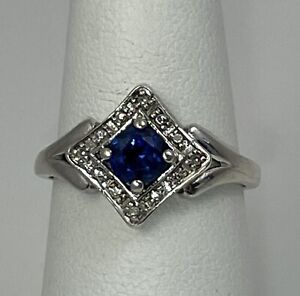 925 Sterling Silver Lab Sapphire and Diamond Ring Size 6.5