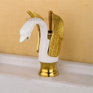 Fashion Gold Wing Swan Shape Brass Bathroom Sink Basin Mixer Tap One Hole Faucet - Picture 1 of 3