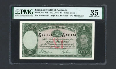 AUSTRALIA Banknote P 26a , R29 , ND(1938) , 1 Pound  PMG 35 King George VI KGVI - Image 1 of 2