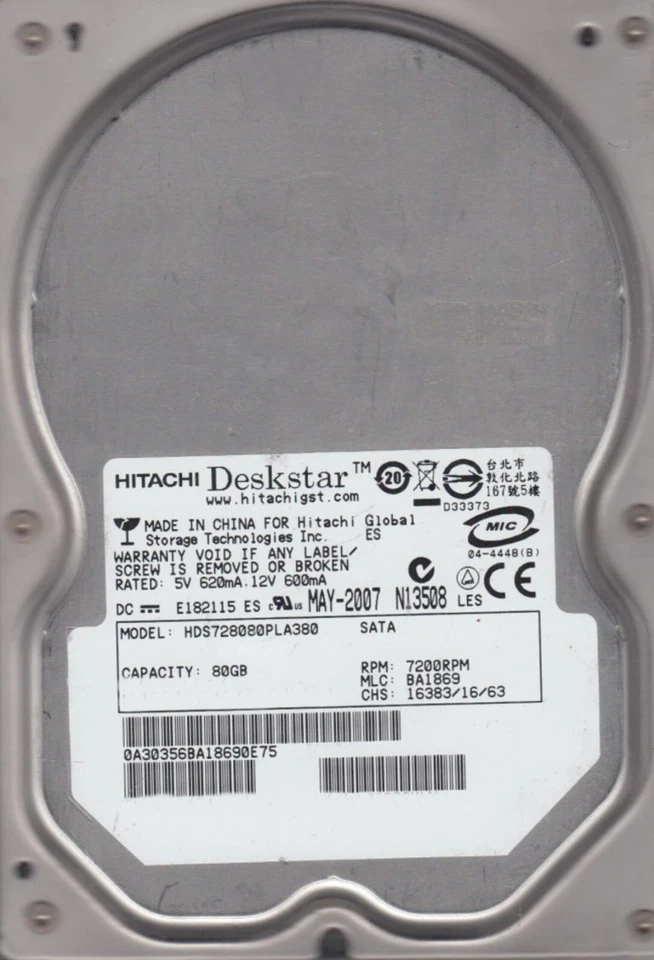 80 GB SATA Hitachi Deskstar HDS728080PLA380 7200RPM 8MB HDD 3,5 " Hard Drive New - Image 1 of 1