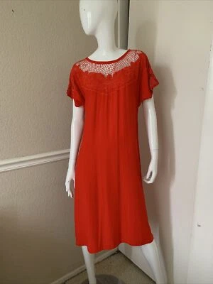 CONTEMPO CASUALS NEW! VINTAGE! 90's Bright Red Rayon Crochet Lace Trim Dress M - Image 1 of 4