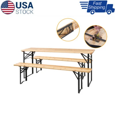 Combo de picnic de madera de 3 piezas de 5,8 pies 1 mesa 2 banco juego de comedor madera maciza acero exterior Foto 1 de 4