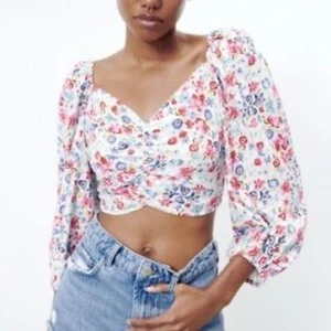 Zara Floral Puff Sleeve Crop Top L Linen Viscose Tie Back NWT - Picture 1 of 9