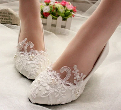 Lace Wedding Shoes Pearls Bridal shoes High Low Heels flat shoes pump size 5-12 - Image 1 of 4