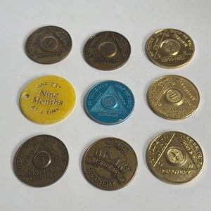 Lot of 9 Alcoholics Anonymous AA Tokens Recovery Sobriety Chips Coins Medallion - Picture 1 of 19