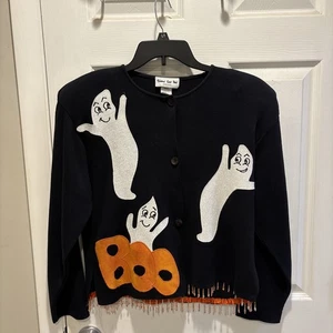 Vintage Shane Lee Inc.  Black Ghost Boo Beaded  Cardigan Halloween Sweater Small - Picture 1 of 10
