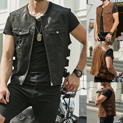 Classic Black Biker Faux Leather Waistcoat for Men Motorcycle Club Pocket Vests - Image 1 of 4
