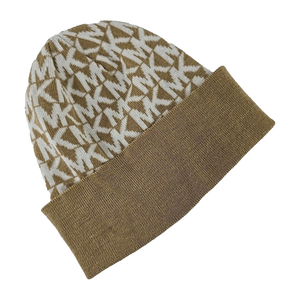 MICHAEL KORS Mujer Gorro Invierno Sombrero MK Logo Estampado Completo Talla Única BLANCO BRONCEADO Foto 1 de 4