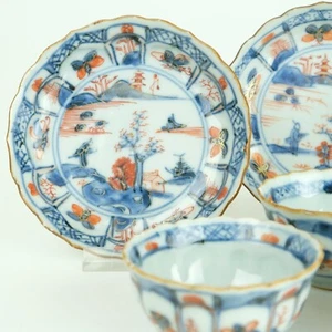 chinese cup and saucers imari 18th century porcelain with landscape decor - Picture 1 of 12