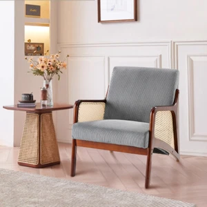 Single Sofa Seat Fabric Upholstered Living Room Chair Accent Armchair Rattan Arm - Picture 1 of 13