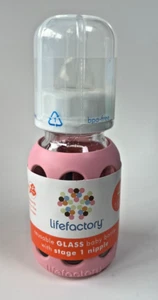 NUEVO Biberón de vidrio reutilizable Life Factory 4 oz con funda rosa pezón etapa 1 - Imagen 1 de 4