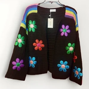 NEW Duwaykam Womens Black Crochet Flower Cardigan Sweater Colorful Metallic Sz L - Picture 1 of 15