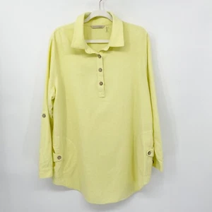 Soft Surroundings Tunic Top Size L Yellow Cotton Roll Tab Sleeve Side Pockets - Picture 1 of 9