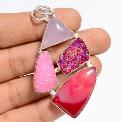 Botswana Agate Titanium Druzy Gemstone 925 Silver Handmade Pendant 2.4" ARP-5592 - Image 1 of 3