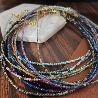 Handmade 2-3MM Bead Faceted Round Natural Gemstone 15" Beaded Necklace Bracelet - Image 1 of 4