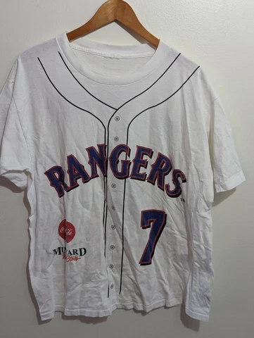 Vintage 90s TEXAS RANGERS IVAN RODRIGUEZ 7 COKE BASEBALL JERSEY MLB t-shirt L Cover