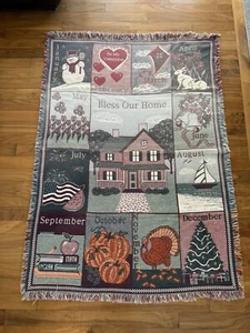 Bless Our Home Calendar Tapestry Throw Blanket 65 x 46 Holiday Calendar MWW 1993 - Picture 1 of 13