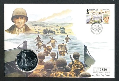 ISLE OF MAN 1994 D-DAY LANDINGS  1 CROWN coin cover, Genral Bradley - Image 1 of 2