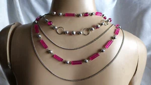 HANDMADE NECKLACE SPECIAL METAL CHAIN AND PINK GLASS BEADS NO STONE 5 ROUNDS - Picture 1 of 12