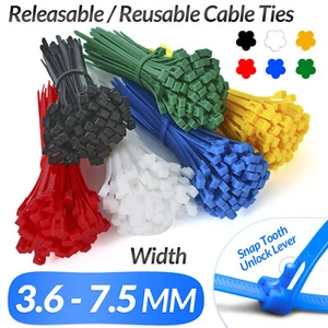 Releasable Cable Ties Reusable Black Natural Nylon Plastic Zip Tie Wraps - Picture 1 of 28