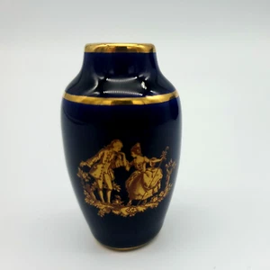 Limoges France Miniature Cobalt Blue And Gold Tapered Vase Courting Scene 2.5 In - Bild 1 von 12