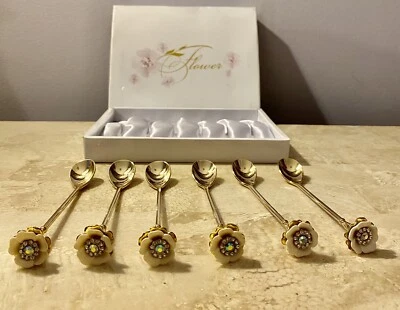 Set 6 Pcs Coffee Tea Dessert Spoons Flower Handle 24K Gold Finish Made In France - Image 1 of 4