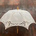 Vintage Handmade Cotton Lace White Parasol Umbrella with Wooden Shaft Handle
