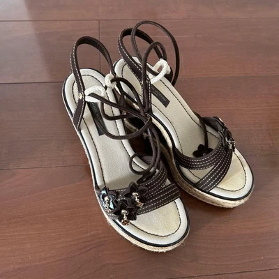 LOUIS VUITTON 坡跟凉鞋 23 厘米棕色裘德绒面革搪瓷二手物品女式  — 第 1/4 张图片